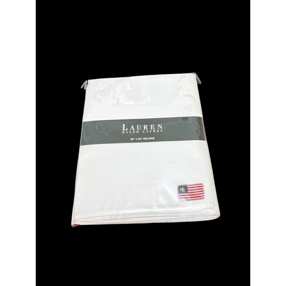 Ralph Lauren White Cotton Oblong Tablecloth With American Flag Logo 60” X 84 NIP